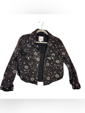 Stoosh Black Celestial Denim Jacket Sun Moon Stars Cropped Small